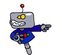a cartoon drawing of a robot wearing a blue shirt and waving