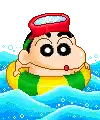 a pixel art of a cartoon character floating on a raft in the water .