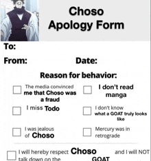 a choso apology form with a picture of a man on it