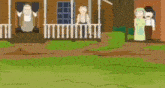a cartoon of a man in a green shirt standing in front of a house with a porch .