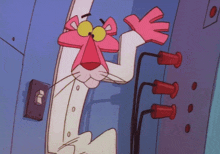 a pink panther in a lab coat is standing next to a switch that has the number 0 on it