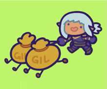 a cartoon drawing of a girl pulling two bags that say gil on them