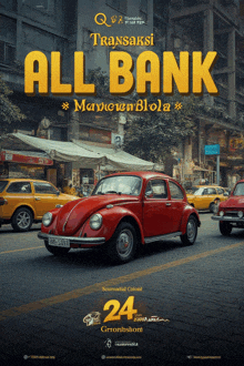 a poster for a movie called all bank features a red car