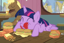 twilight sparkle from my little pony is eating hamburgers