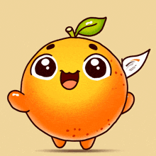 a cartoon drawing of an orange with a leaf on top
