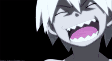 a cartoon character with white hair and sharp teeth is making a funny face with his mouth open .