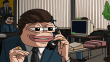 a cartoon of a man talking on a phone in an office
