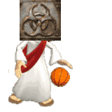 a cartoon of jesus with a biohazard sign on his head playing basketball