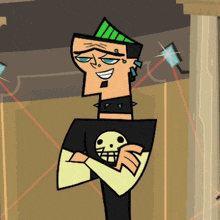 a cartoon character with a skull on his shirt is smiling