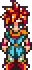 a pixel art drawing of a man with red hair and a blue outfit .