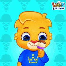 a lucas and friends advertisement with a cartoon character eating an ice cream cone
