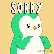 a cartoon of a penguin with the word sorry on it
