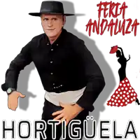 a man in a black shirt is standing in front of a sign that says hortiguela