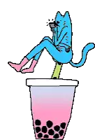 a pixel art drawing of a cat sitting on a cup of bubble tea