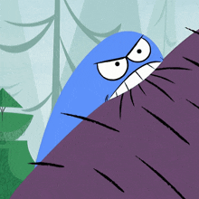 a blue and purple cartoon character with an angry look on its face