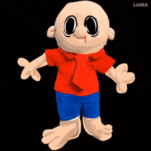 a cartoon character with a red shirt and blue shorts is dancing