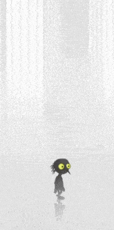 a cartoon character with yellow eyes is standing in front of a white curtain .