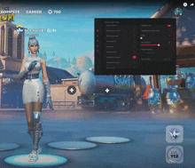 a woman in a white dress is standing in front of a screen that says compete career 750