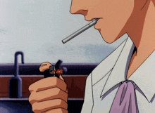 a man smoking a cigarette with a lighter in his hand