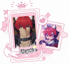 a pink phone with a picture of a man with red hair and the name manako de yuki