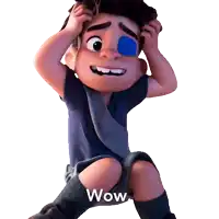 a cartoon character with a blue eye and the word wow on the bottom right