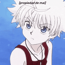 a drawing of a boy with white hair and blue eyes with the words [ propiedad de mail ] below it