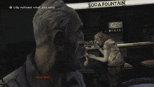 a video game screen shows a man talking to a woman at a soda fountain