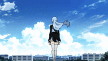 a woman with long white hair stands in front of a blue sky with clouds