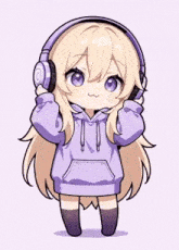 a little girl wearing headphones and a purple hoodie .