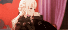 a girl with long white hair is wearing a black coat with a hood