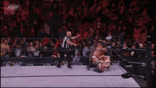 a wrestler is being pinned by another wrestler in a wrestling ring with a sign that says elite wrestling