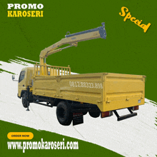 a yellow truck with a crane on the back is advertised for sale by promo karoseri