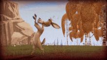 a cartoon rabbit is standing in a field with trees and rocks in the background