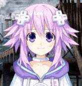 a girl with purple hair has a cross on her head