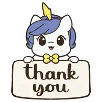 a unicorn holding a thank you sign with a bow tie