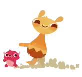 a cartoon drawing of a giraffe and a small pink monster .