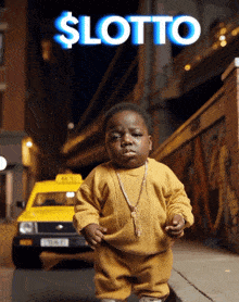 a poster for a movie called $ lotto with a little boy in front of a taxi cab