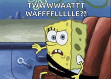 a cartoon of spongebob wearing a seat belt with the words twwwwaatttt waffflllle written above him