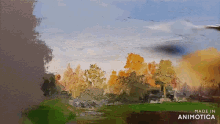 a painting of trees and a river is made in animatica