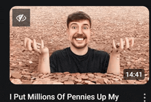 a video of a man putting millions of pennies up his head
