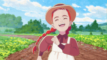 a cartoon girl with red hair and freckles is smiling in a field