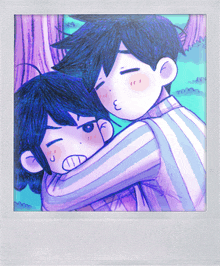 a drawing of a boy hugging another boy with a kiss on the cheek