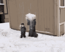 a man and a child playing in the snow in front of a building