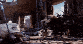 a video game scene with a statue and a spear