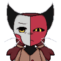 a pixel art of a cat with a red and white face and yellow eyes .
