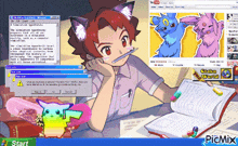 a computer screen shows a boy with a cat ear holding a pencil and a start button