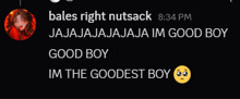 a screenshot of a chat with bales right nutsack