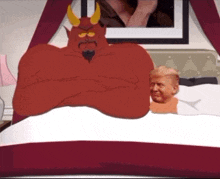 a cartoon of donald trump laying in bed with a red devil