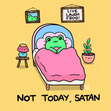 a frog is laying in a bed with a sign that says " live laugh frog "