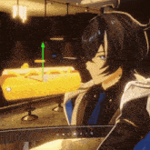 a cartoon character is sitting in front of a pool table with an arrow pointing up